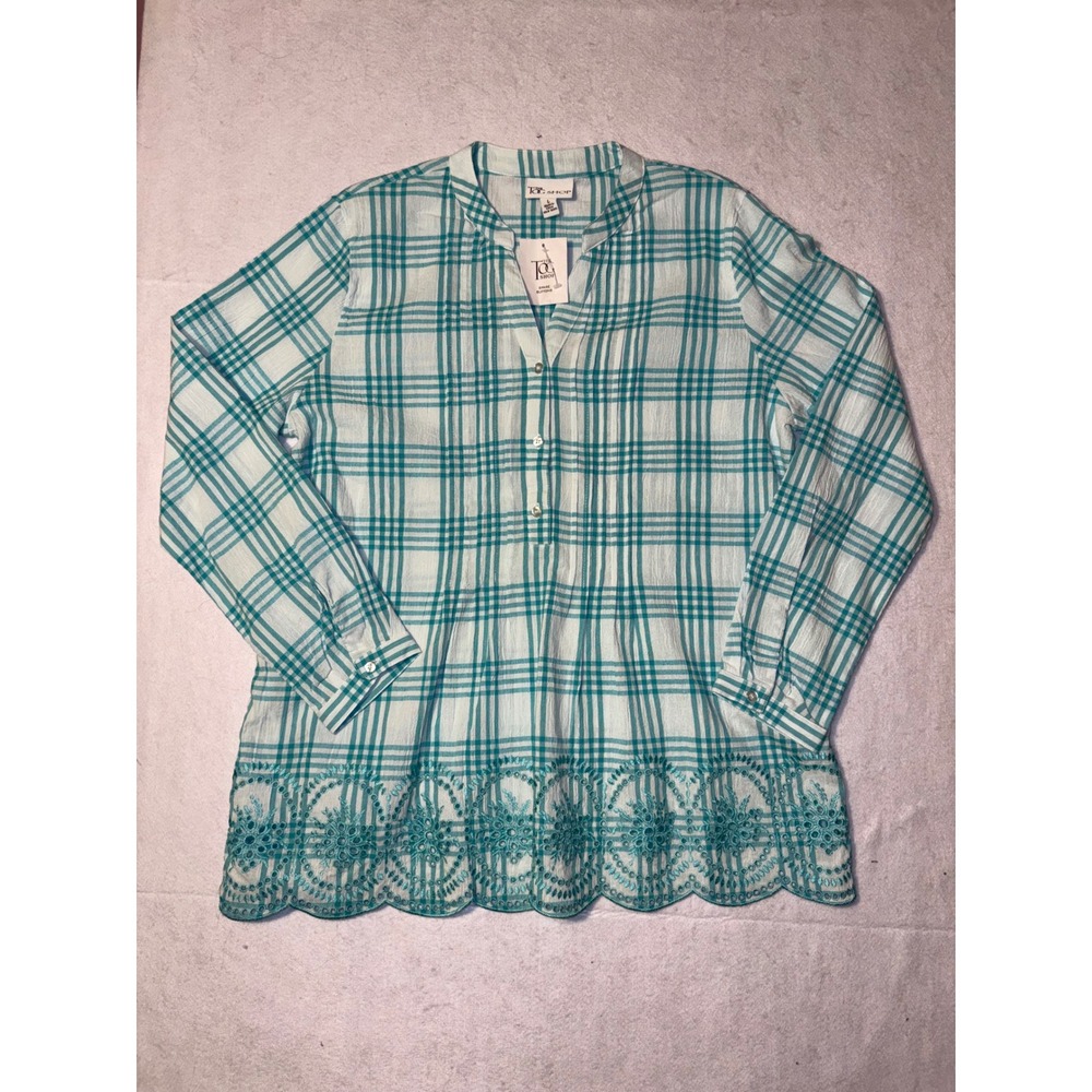 Tog Shop Plaid Tunic Shirt Embroidered Hem Women's L Teal White - Picture 1 of 7